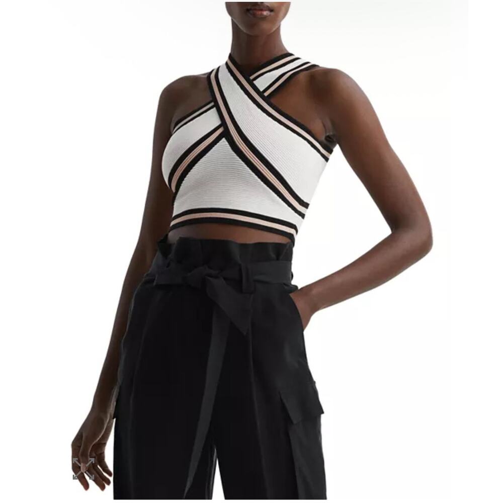Reiss Darla Color Block Halter Crop Top NWT XS Ribbed Knit Black Ivory Chic